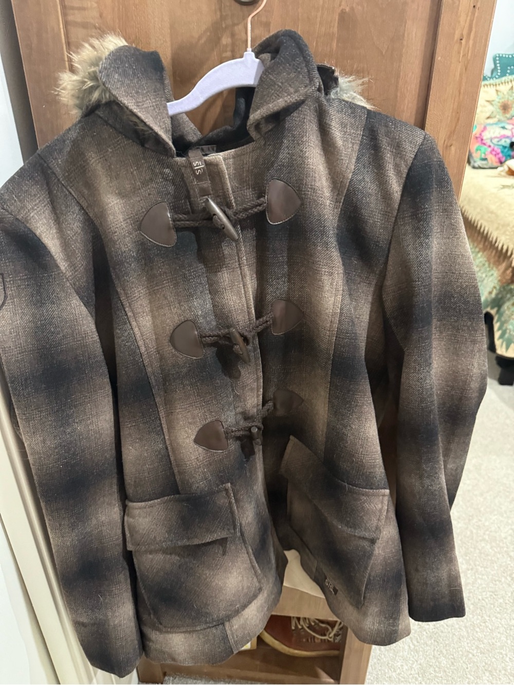 STS Ranchwear "Tell Texas" Plaid Wool Toggle Coat XL